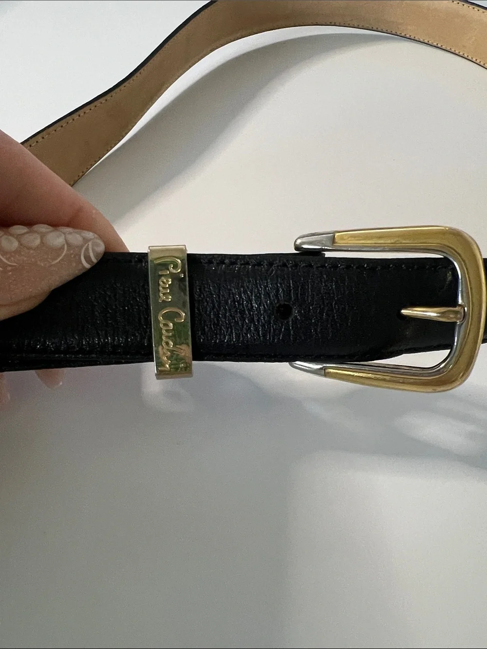 Vintage-Pierre Cardin Black Leather Belt with Gold Logo Accent
